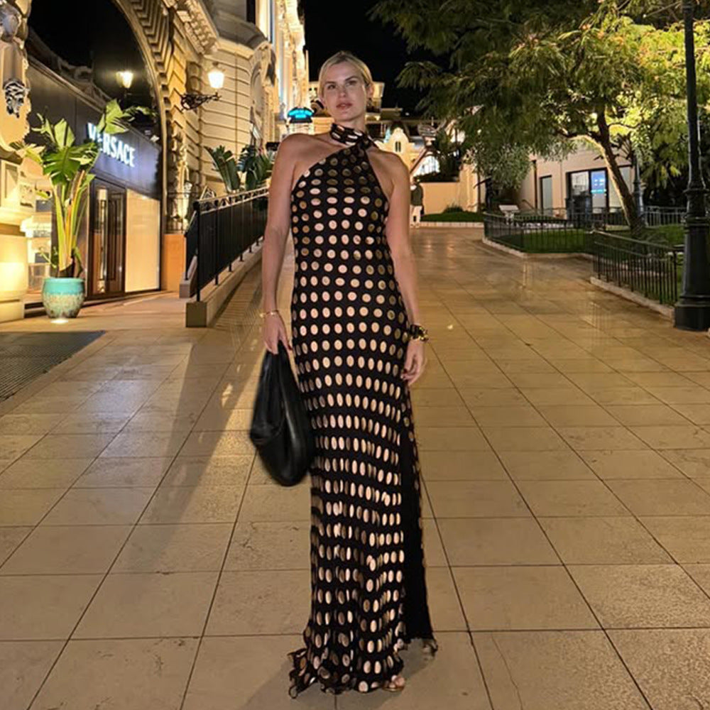 Summer Women Dress Elegant Halter Backless Polka Dot Chiffon Slim Fit Maxi Dress