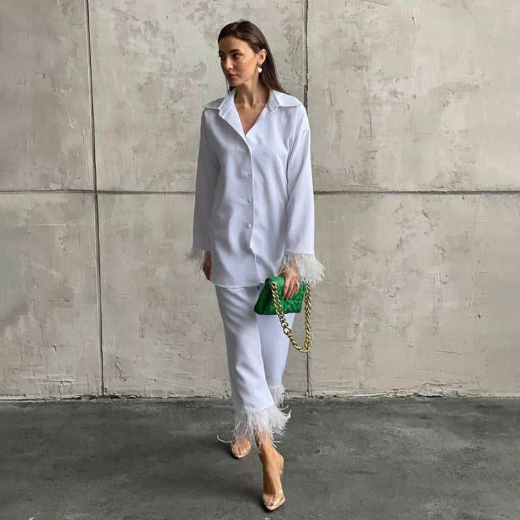 Spring Summer Special-Interest Design Long Sleeve Feather Shirt Casual Cropped Pants Suit