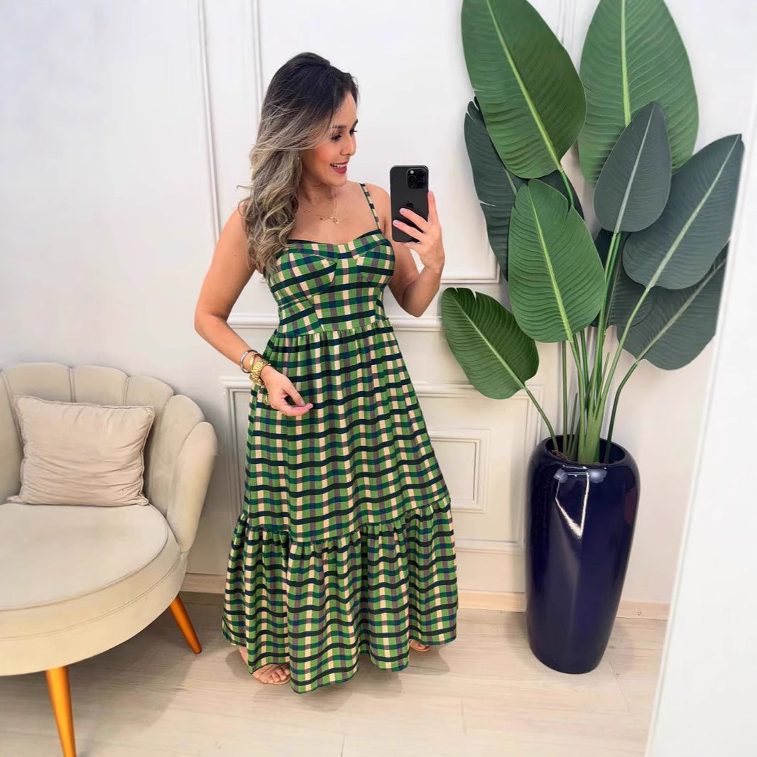 Women Vacation Casual Printed Plaid off the Shoulder Strap A line Dress