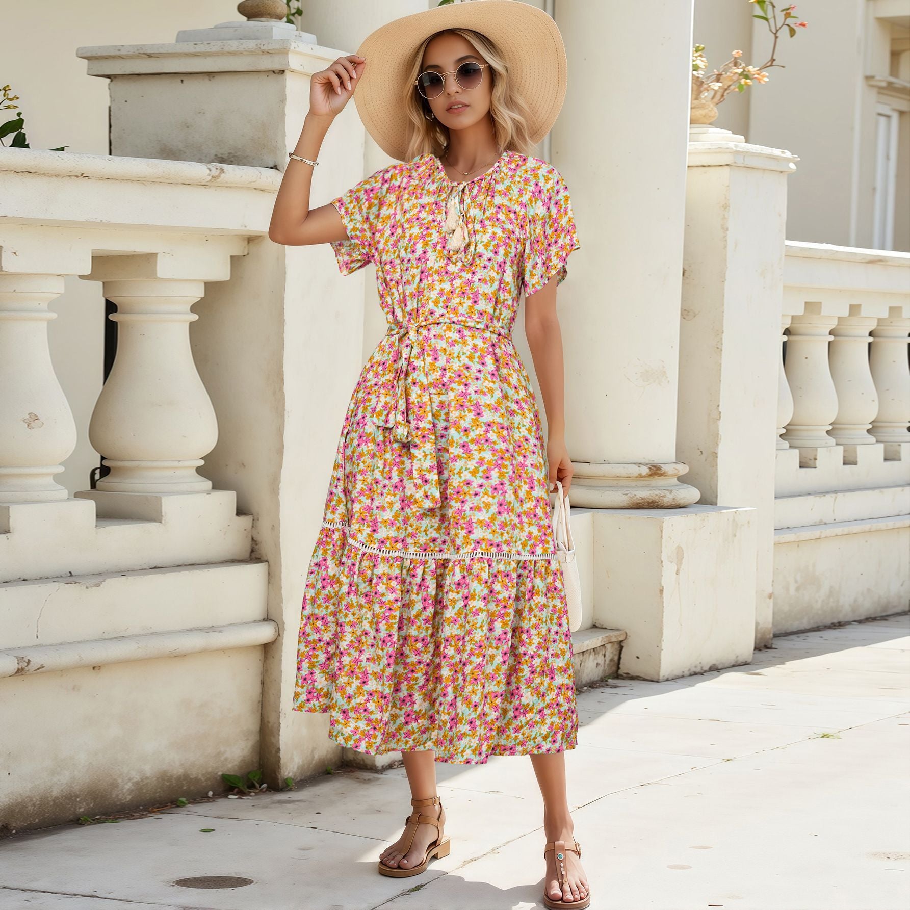 Summer Short Sleeve Floral Ruffled Stitching Vacation Dress