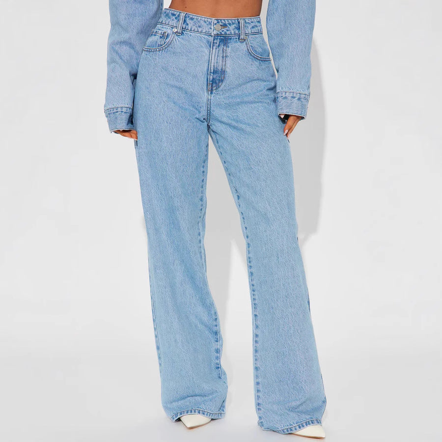 Straight Slimming Trousers Love Pocket Design Washed High Waist Loose Jeans Women