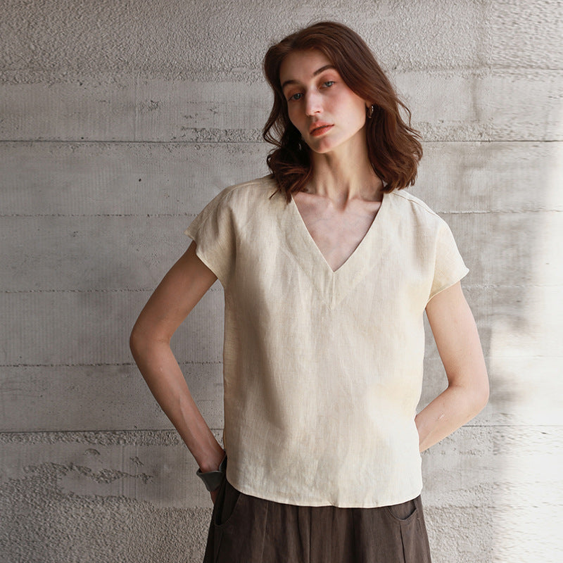 V neck Loose Top Women Front Short Back Long Solid Color T shirt Summer Pure Linen All Match Short Sleeve