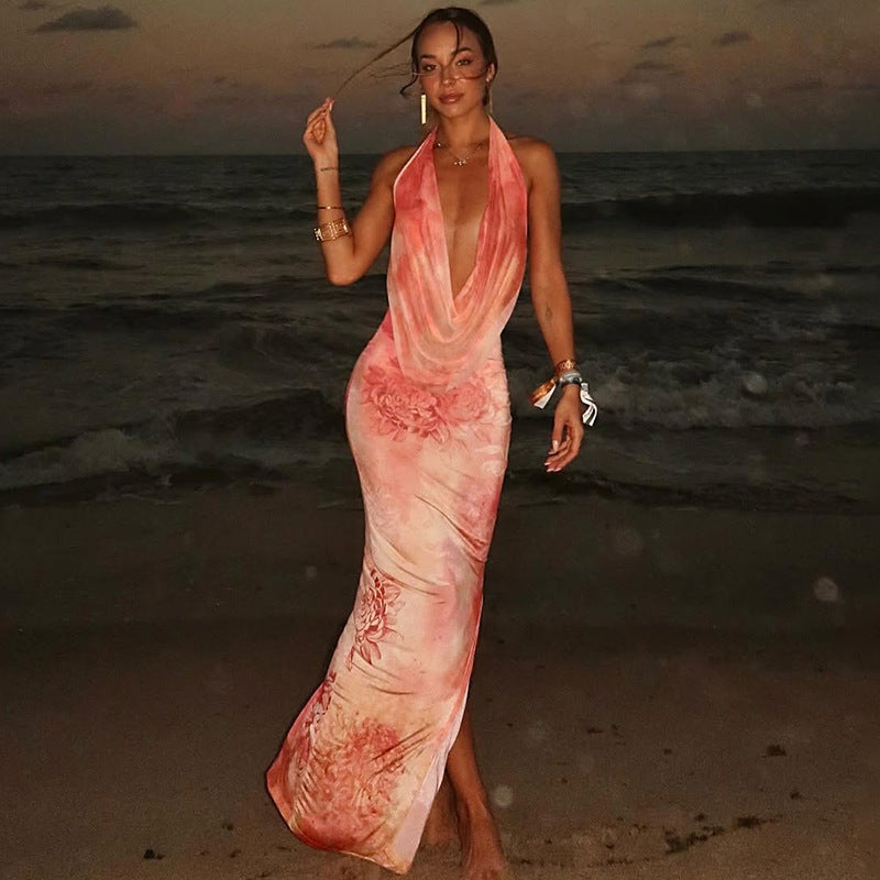 Summer Printed Sexy Backless Slit Beach Dress Waist Controlled Lace up Dress
