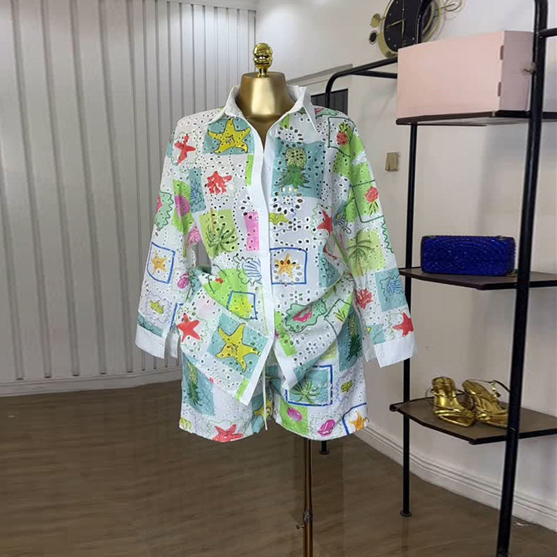 Women Clothing Summer Printed Hollow Out Cutout out Collared Long Sleeve Shirt Shorts Casual Two Piece Sets