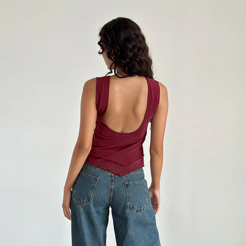 Spring Women Clothing Casual Wild Vest Mesh round Neck Top for Women