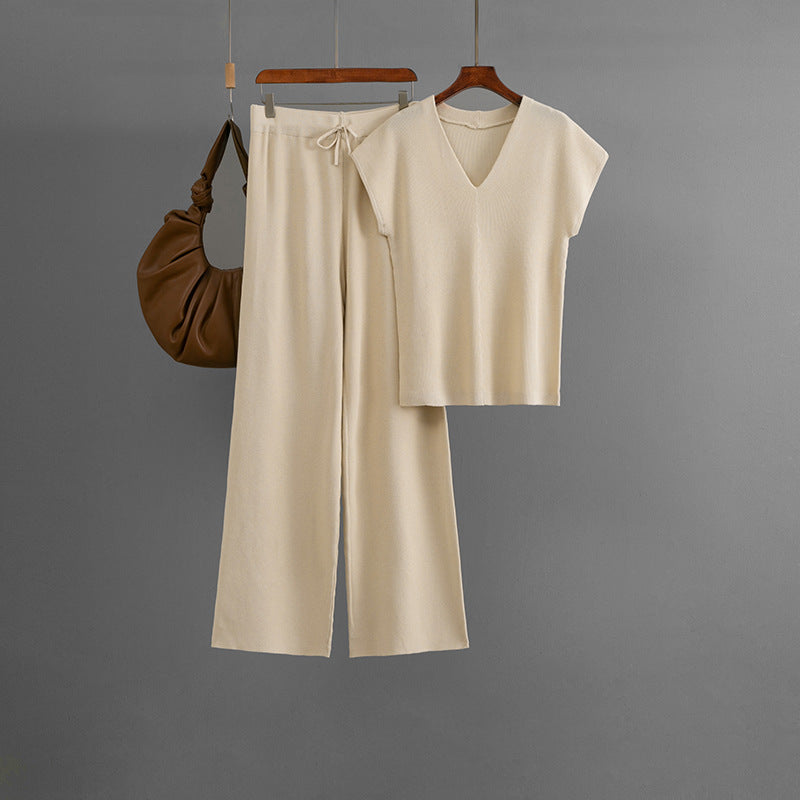 Waistcoat Flying Sleeve Sleeveless V neck Sweater Top Women Casual Pants Two Piece Sets
