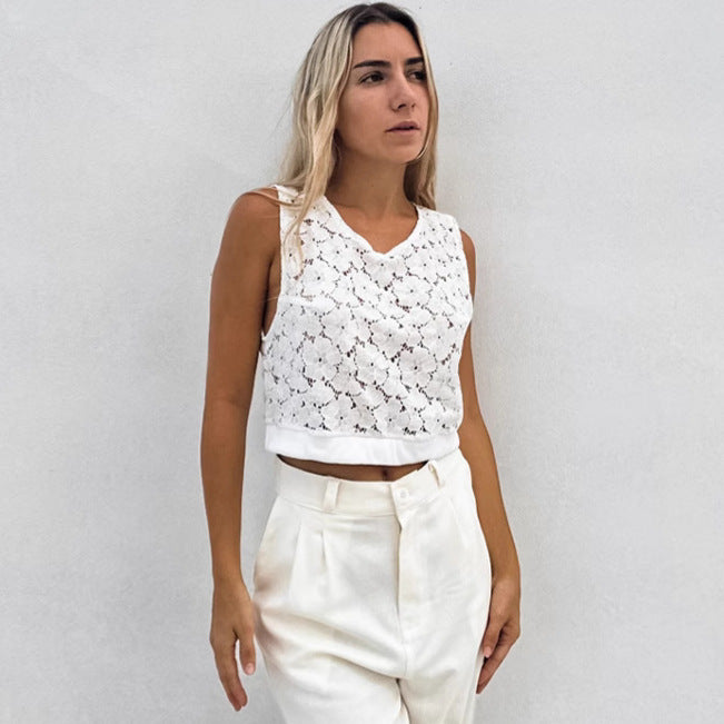 Lace Hollow Out Cutout Jacquard Short Vest Vest Spring Summer Simplicity Casual Office