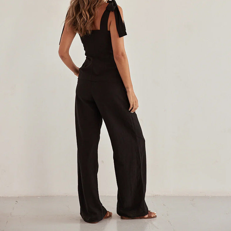 Spring Summer Black Bandeau Sling Top High Waist Wide Leg Pants Two Piece Set