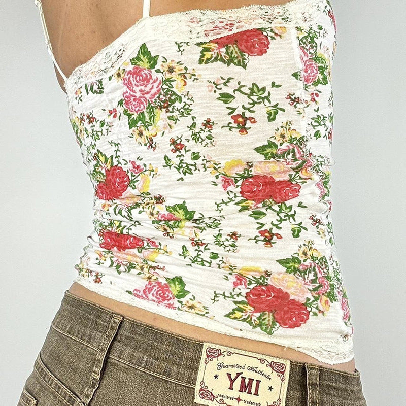 Women Lace Stitching Floral Camisole Sexy Slim Fit Top