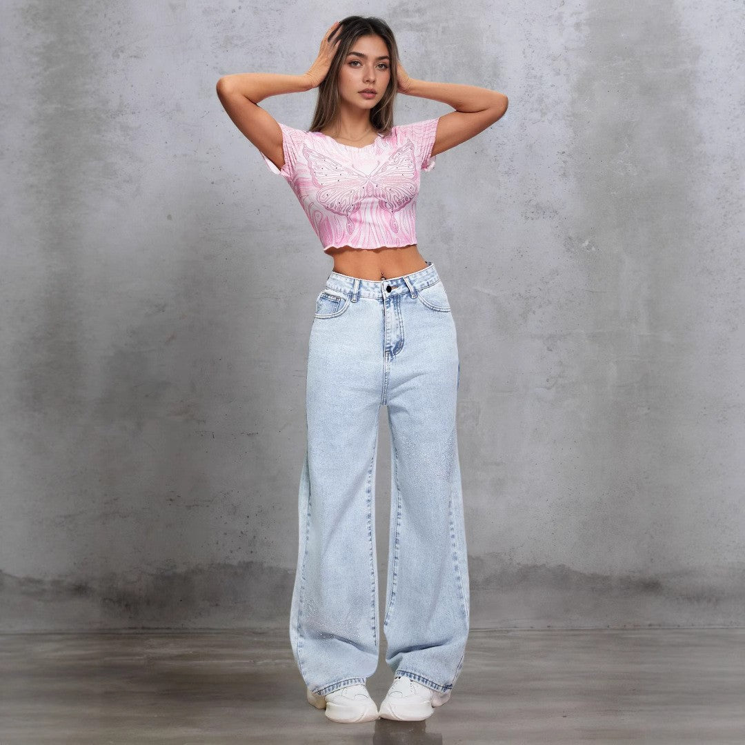 Women Clothing Retro Washed Distressed Rhinestone Jeans Autumn Winter Loose Slimming High Waist Mop Trousers