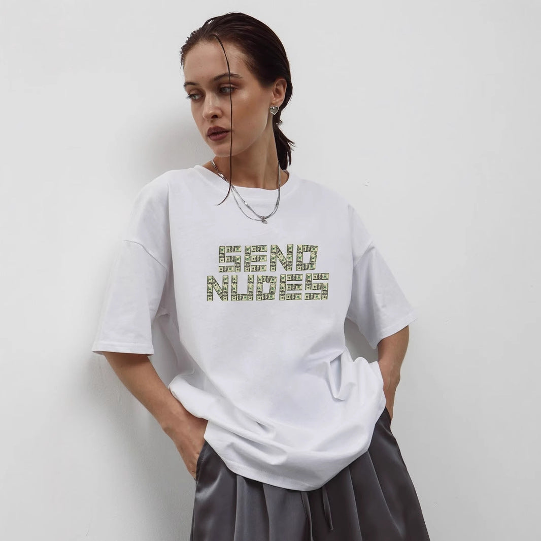Simple Printed T shirt Women Summer Loose round Neck Cotton Short Sleeve Top
