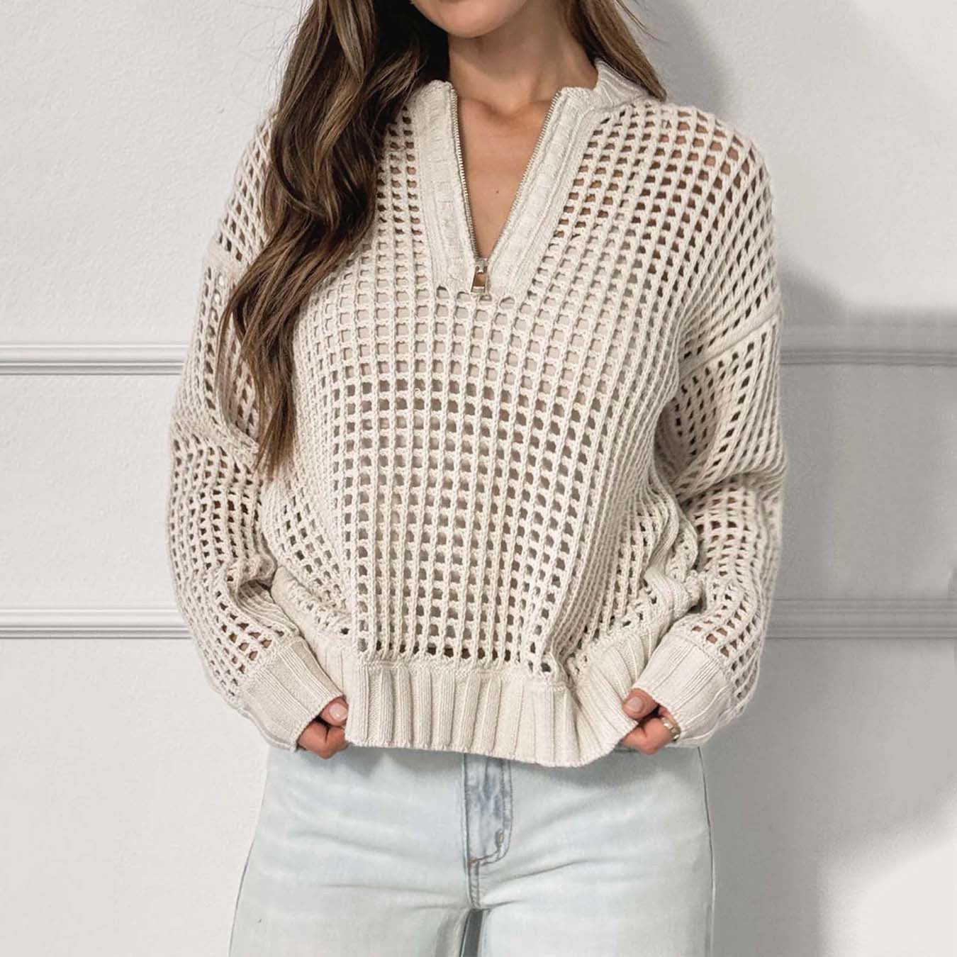 Women Wear Pullover Zipper Half Cardigan Women's Hollow Out Cutout out Long Sleeve Sweater