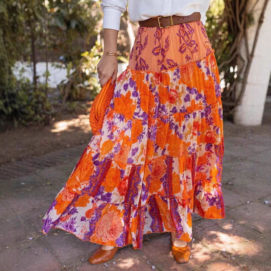 Summer Bohemian Wide Hem Printed Ruffled Maxi Dress Women