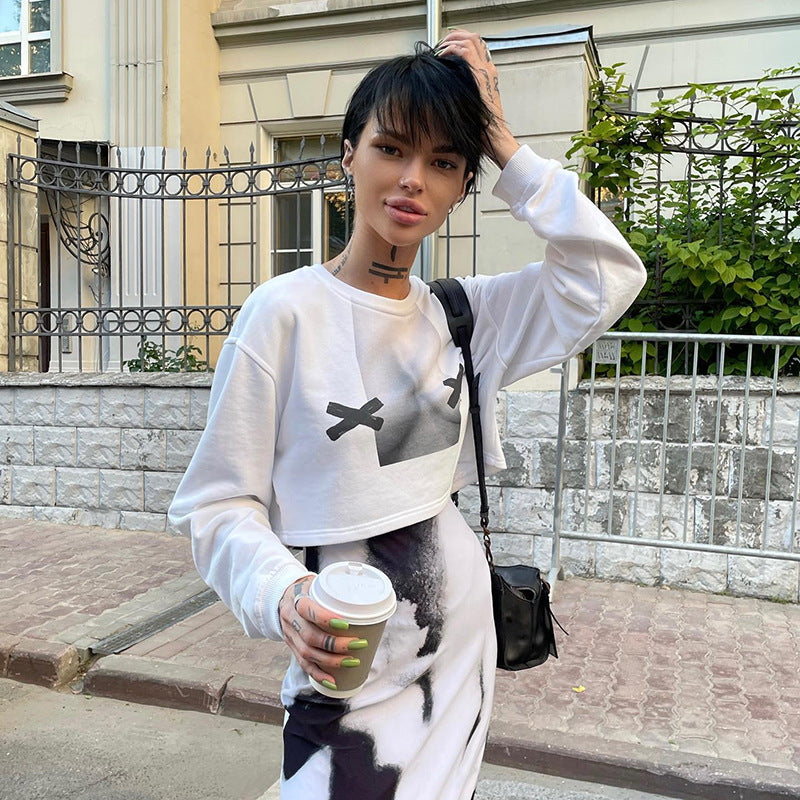 Women Clothing Autumn Abstract Printing Long Sleeve Pullover Short Street Sexy Sweatshirt