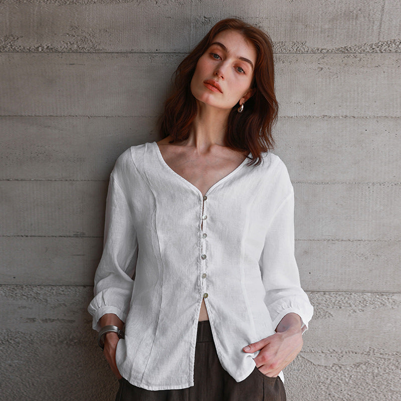 Pure Linen V neck 3/4 Sleeves Women Shirt Summer Intellectual Single Breasted Top Artistic Shirt