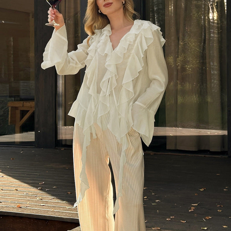 Women Wear Ruffled Sun Protection Long Sleeved French Shirt Summer Casual Design Chiffon Top