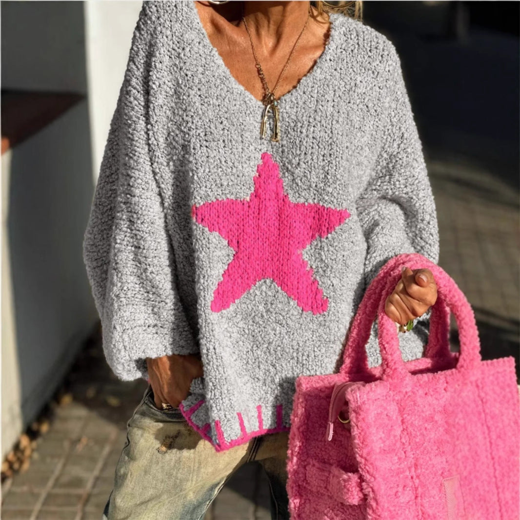 Autumn Pattern Women Sweater Casual Loose Circle Yarn V neck Sweater