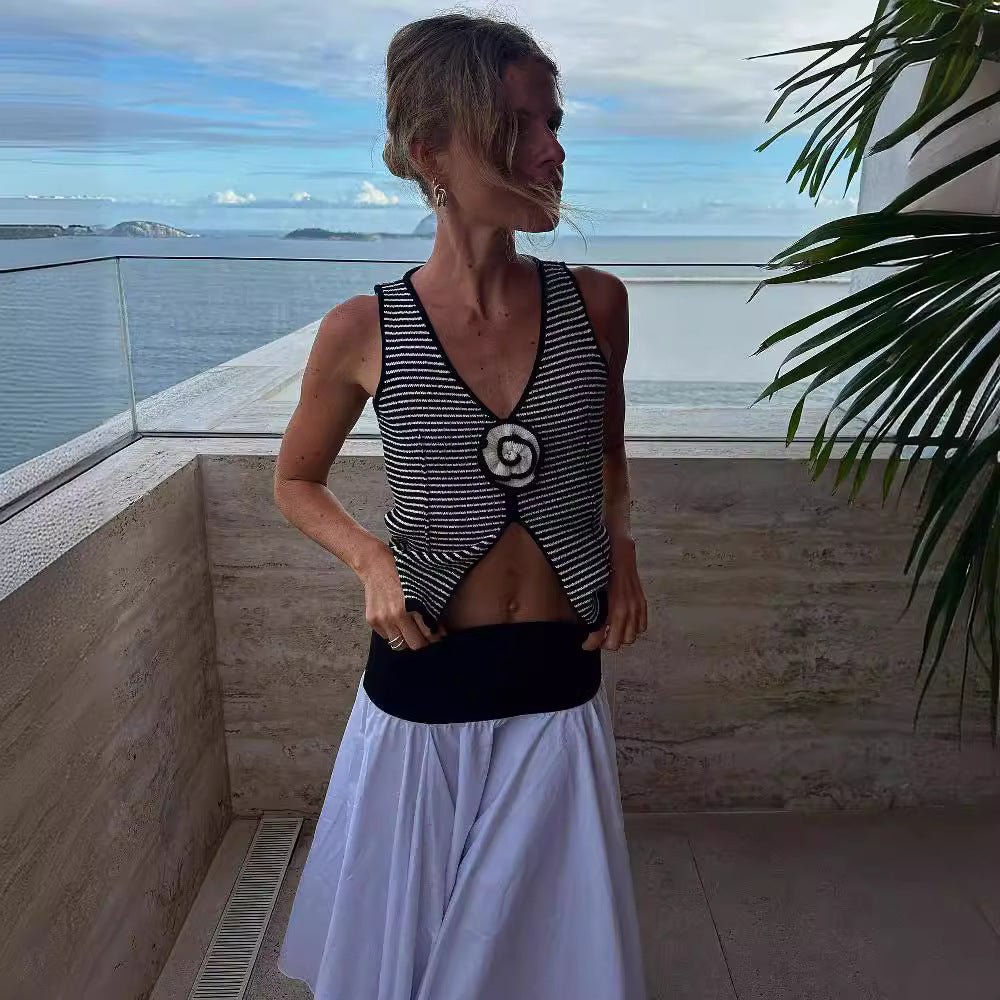Summer Sleeveless Sexy Floral V Neck Slim Striped Knitted Short Vest Cropped Tank Top Top Women