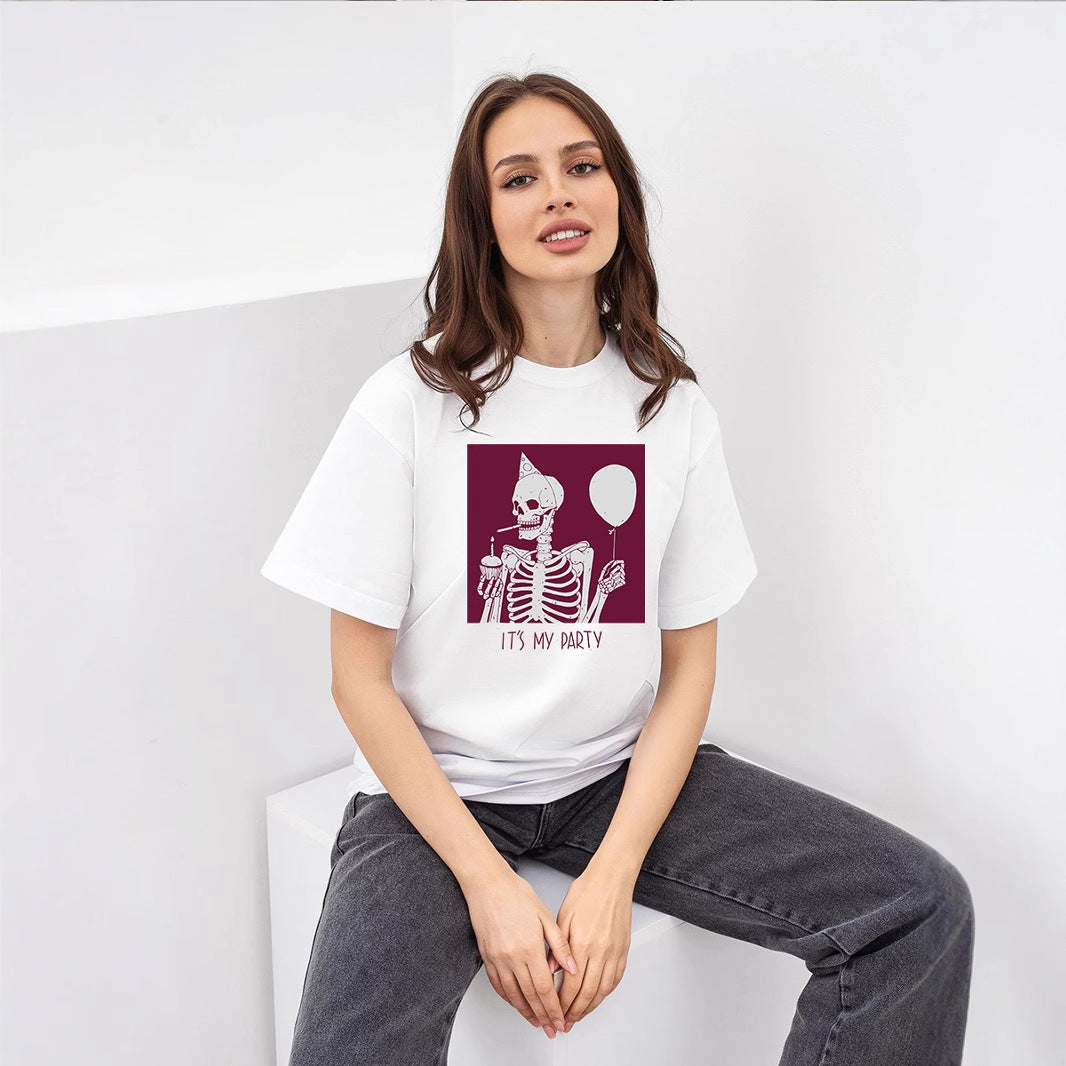 Funny Printed T shirt Women Summer Loose round Neck Cotton Short Sleeve Top
