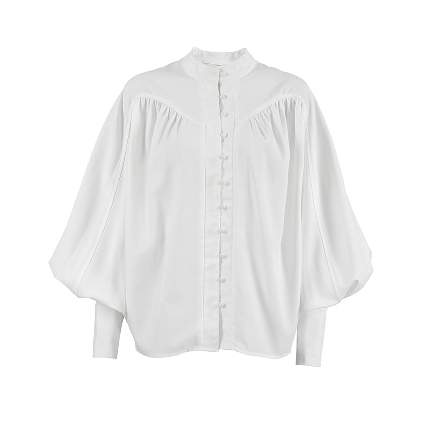 Autumn Winter White Casual Elegant Loose Small Stand up Collar Puff Sleeve Pleated Office Women Shirt