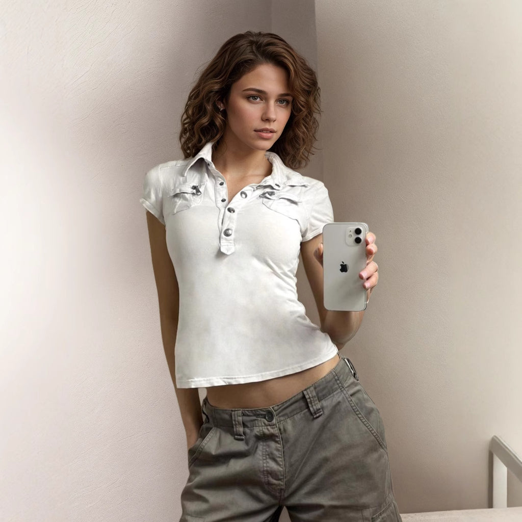 Personalized Work Clothes Breasted Polo Collar Shirt Pocket Zipper Short Sleeved Casual T shirt Sexy Top