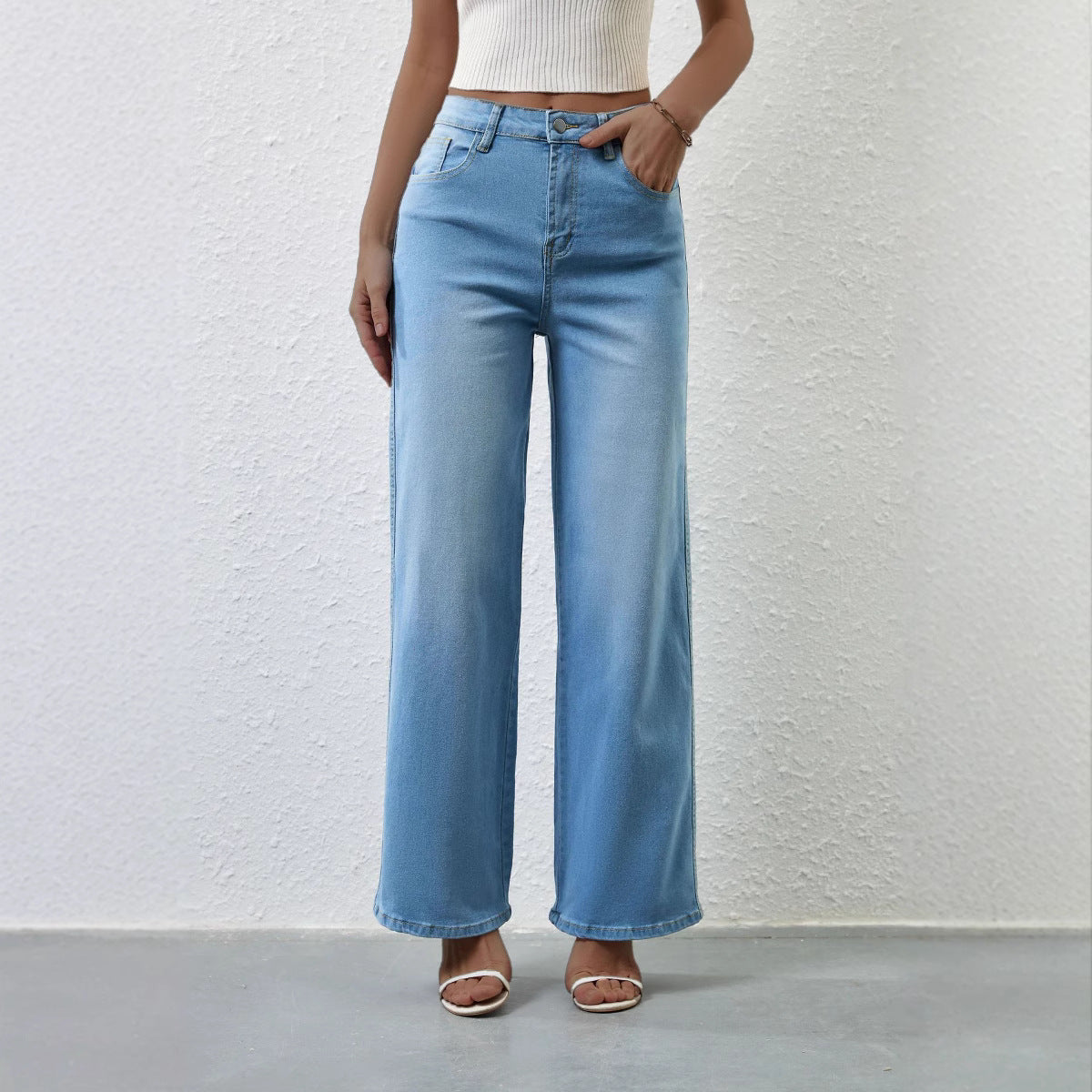 Retro Stretch Women Quality Straight High Waist Denim Trousers