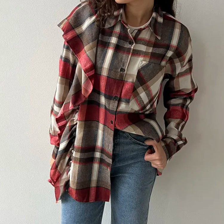 Spring Autumn Plaid Women Shirt Collared Long Sleeve Cardigan Shirt Street Retro Loose Top