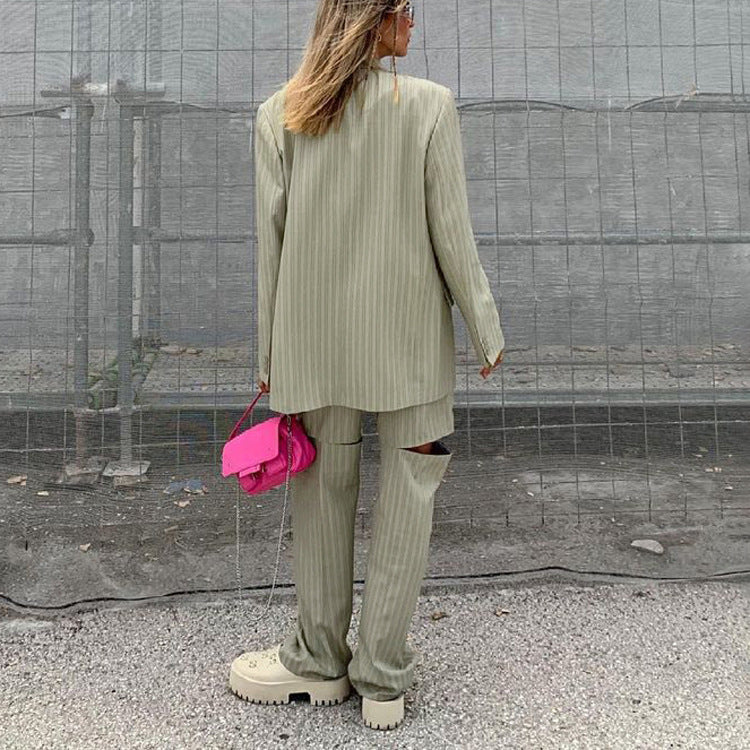 Striped Loose Women Spring Autumn Casual Jacket Trousers Two Piece Set