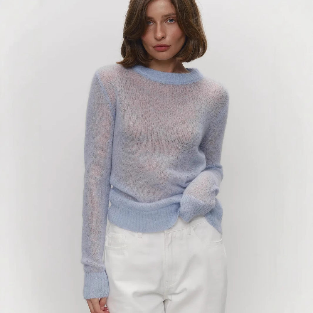 Spring Summer Thin Sweater Blouse Women round Neck See through Basic Knitwear Candy Color