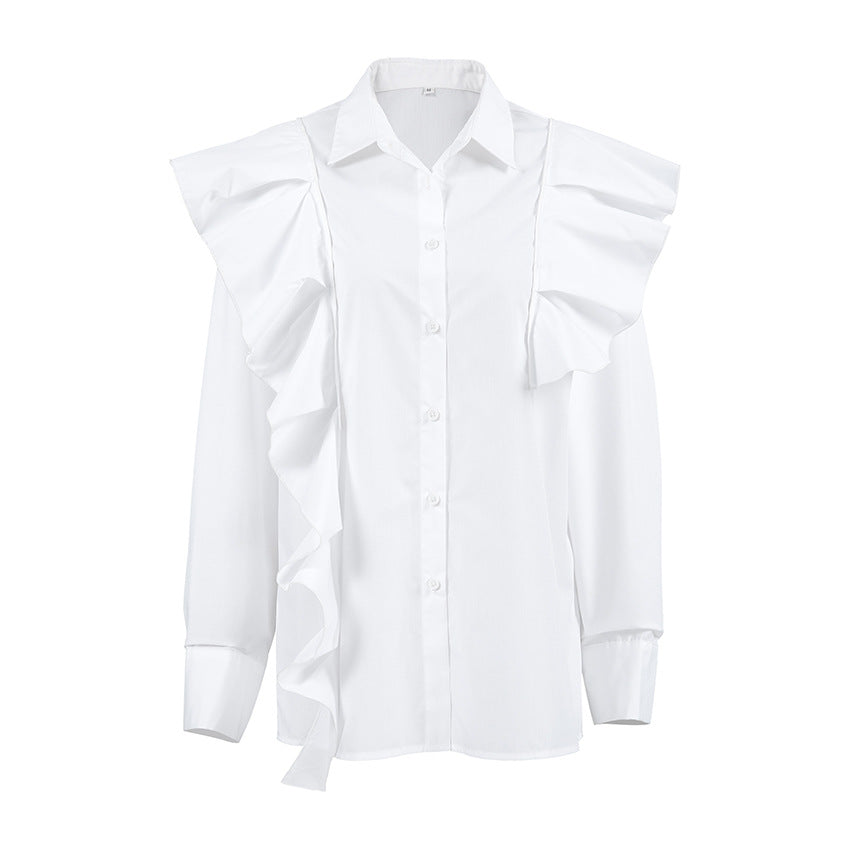 Classic Elegant Ruffled Collared Shirt Sleeve Loose Office Autumn Winter Niche Women Shirt