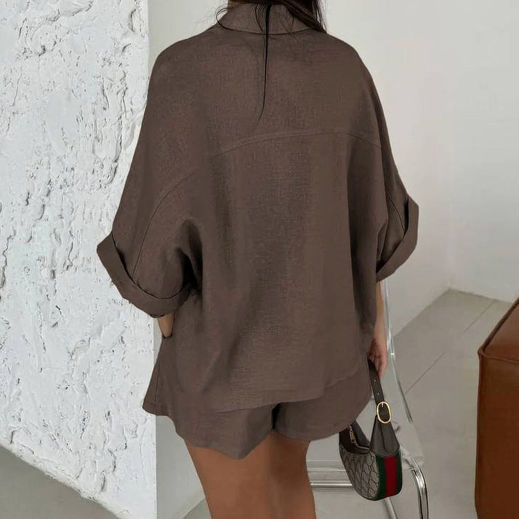 Casual Shirt Outfit Women Polo Collar Short Sleeve Cardigan Top Shorts Two Piece Set