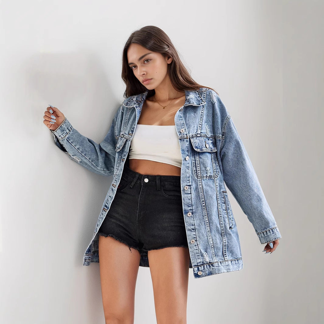 Women Ripped Collared Mid Length Denim Coat