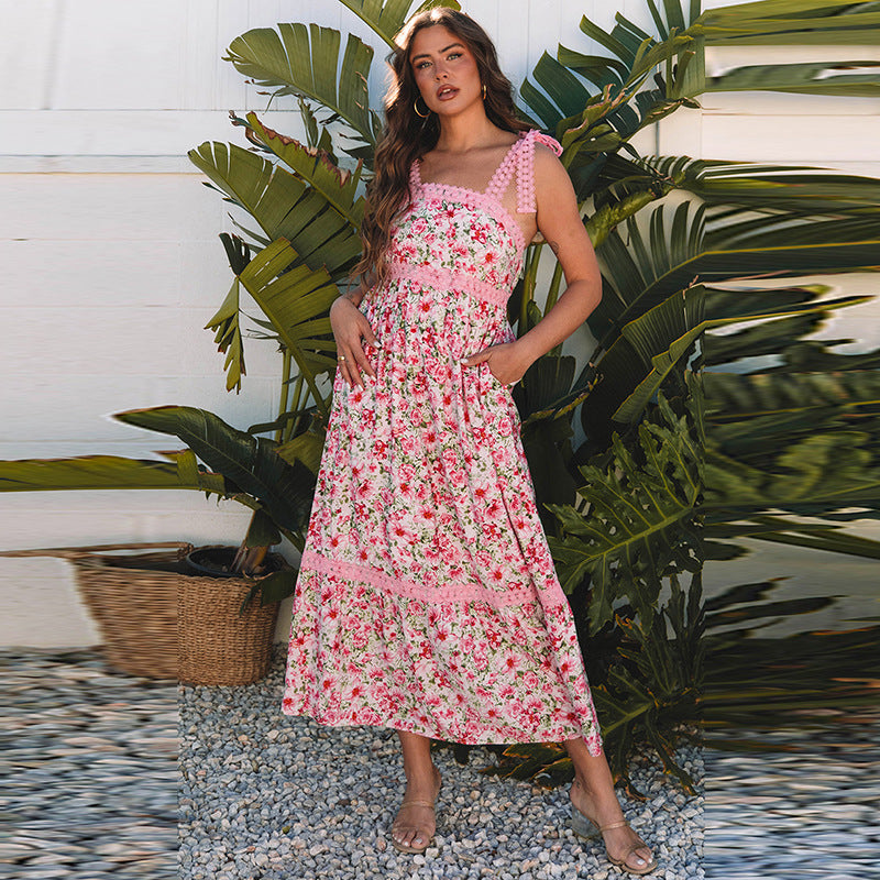 Spring Summer High Waist Dress Women Sweet Floral Print Lace Patchwork Maxi Dress Women