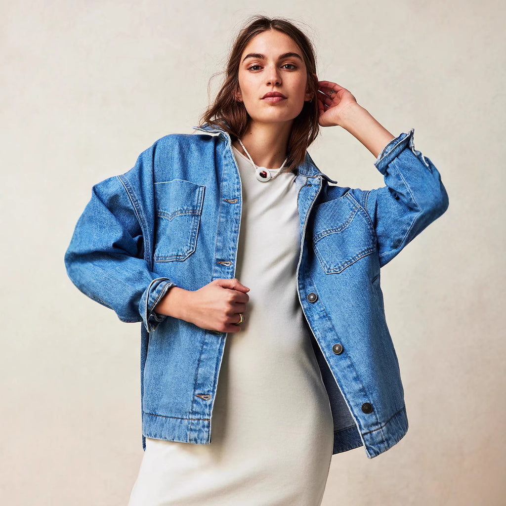 Casual Pocket Side Slit Denim Women Coat