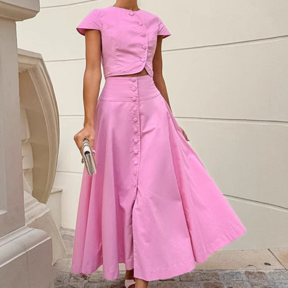 Spring Summer Pink Cotton High Waist V neck Skirt Set Women Two Piece Set