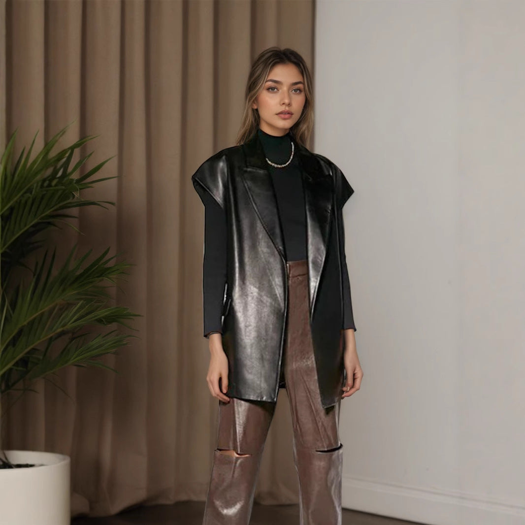 Collar Leather High Grade Sleeveless Lace up Waist Double Pocket Velvet Vest Jacket Coat