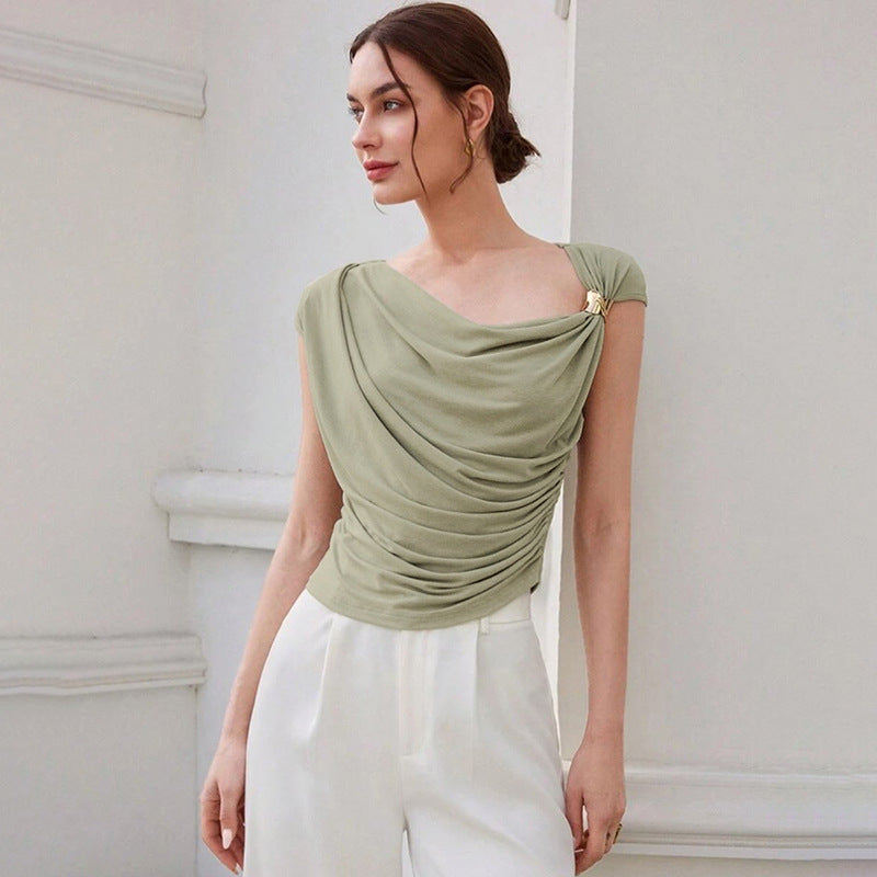 Summer Women Clothing Solid Color Simple Personality Diagonal Collar Sleeveless Cinched Slimming Pullover Women