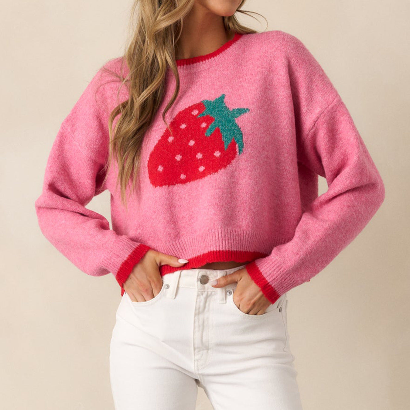 Strawberry Jacquard Autumn Women Sweater Casual Short Long Sleeved Sweater Top