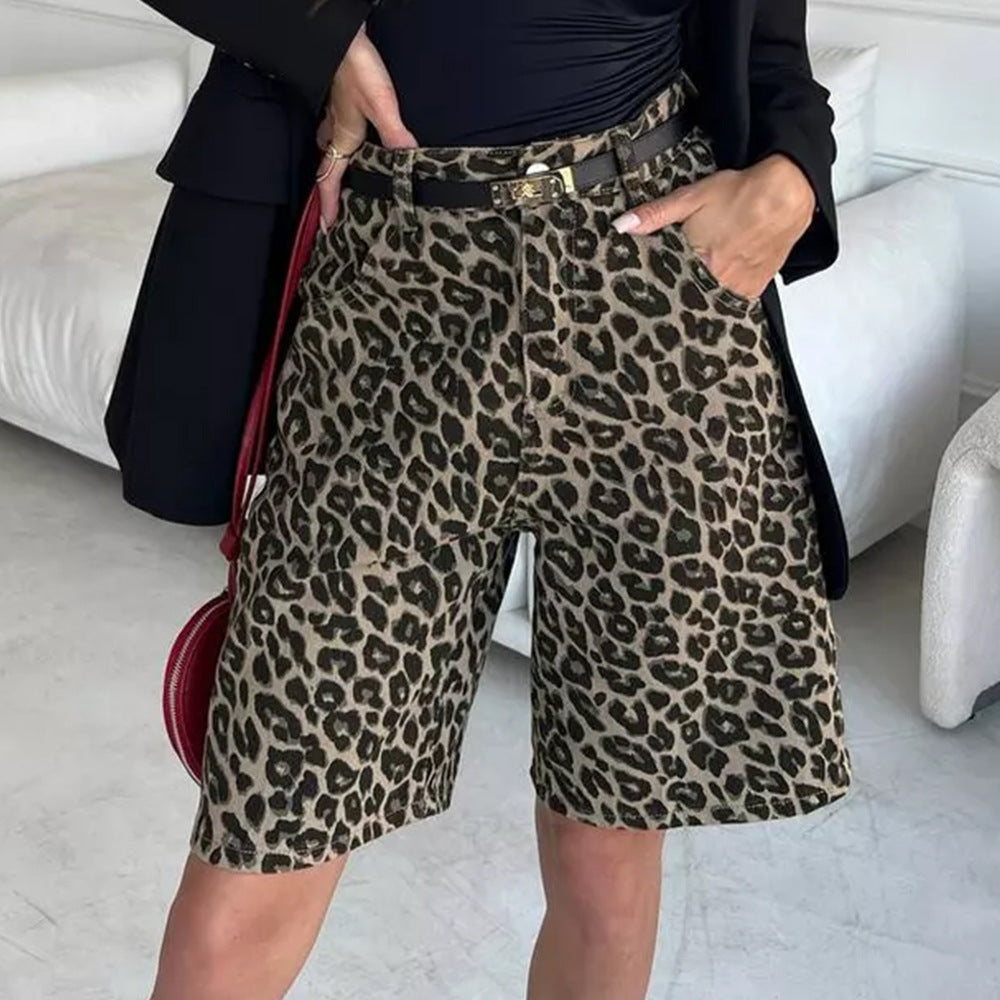 Cotton Leopard Print Shorts Summer Leopard Print Shorts Loose Casual Straight Pants
