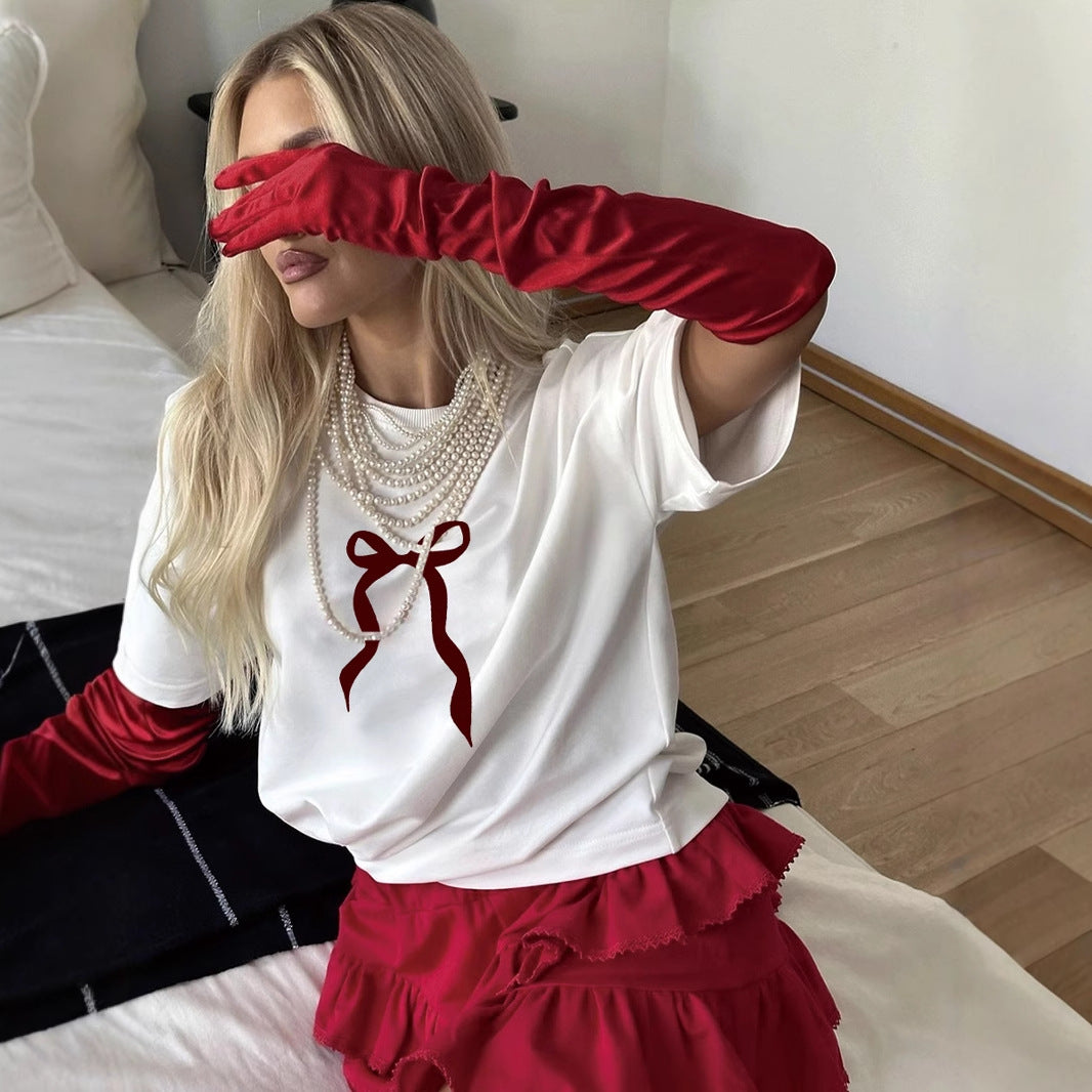 Retro Simplicity Bowknot Printed T shirt Women Summer Loose round Neck Cotton Short Sleeve