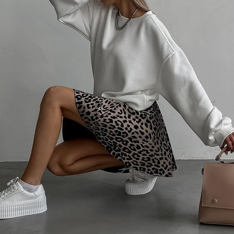 Leopard Print Printed Sexy Skirt Women All Match High Waist A line Skirt