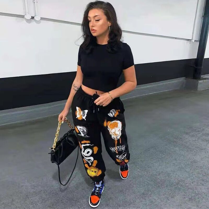Women Cartoon Harajuku Print Jogger Pants Drawstring Tooling Street Casual Sports Pants Autumn Winter