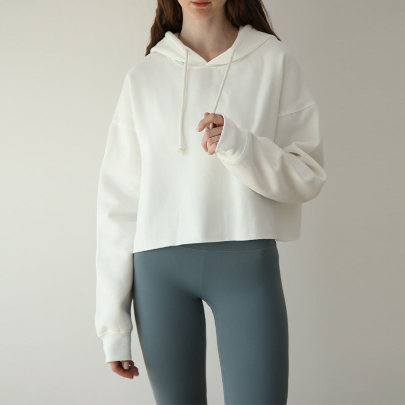 Sports Loose Cropped Hoodie Women Autumn Winter Fleece-lined Solid Color Minimalist Long Sleeve Top