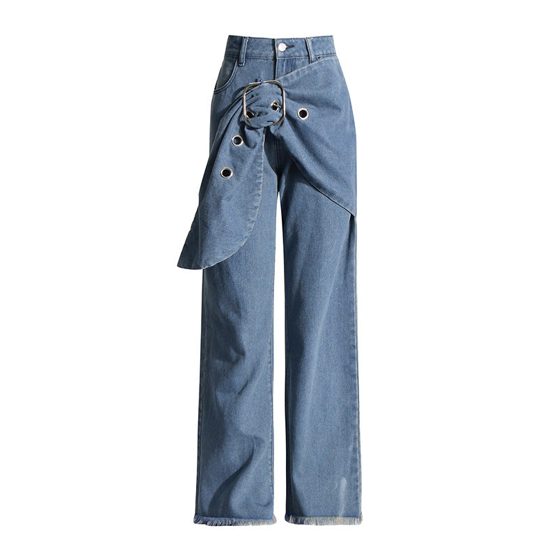 Personality Trendy Big Leaves Gold Accessories Stitching High Waist Wide Leg Jeans Women