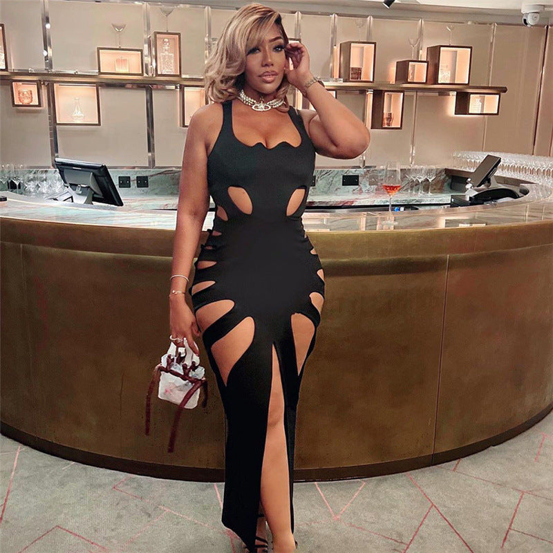 Spring Women Clothes Hollowed out Low Collar High Waist Sheath Slit Slim Fitting Maxi Dress