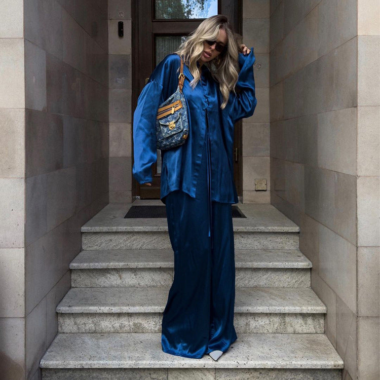 Satin Draping Women Dark Blue Collared Long Sleeve Lace up Shirt Mop Trousers Two Piece Set