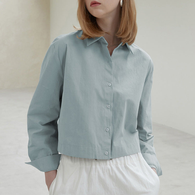 Autumn Short Shirt Cotton Hem Elastic Waist Tight Design Casual Slimming Solid Color Long Sleeve Shirt for Women