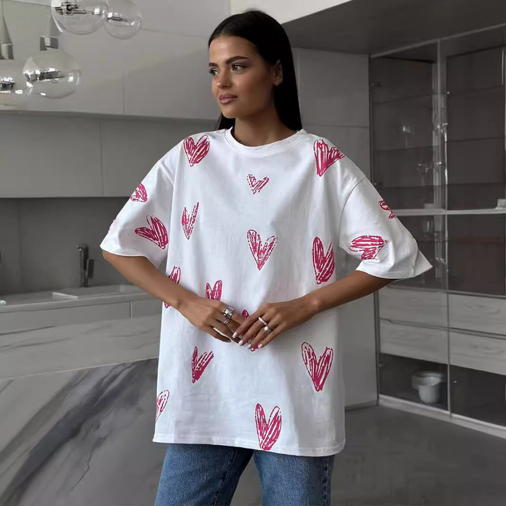 Heart Printing T Shirt Summer Street Hand Painted Heart Printing Short Sleeve T Shirt