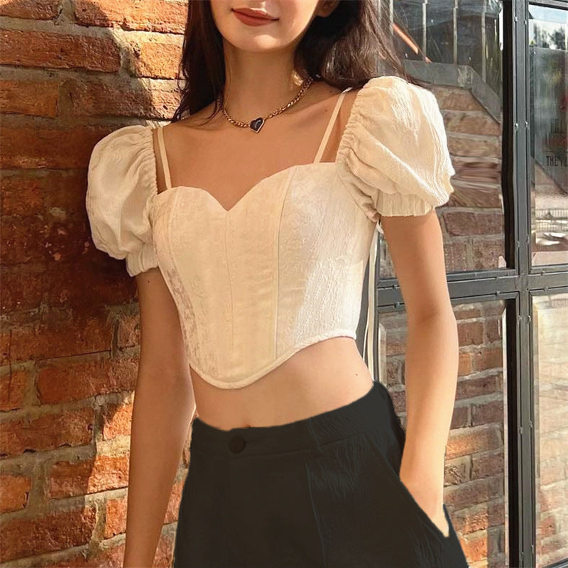 Spring Sexy Sweet French Royal Puff Sleeve Short Top for Women