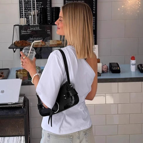 French White Irregular Asymmetric off the Shoulder Short Sleeve Knitted Pullover T shirt for Women